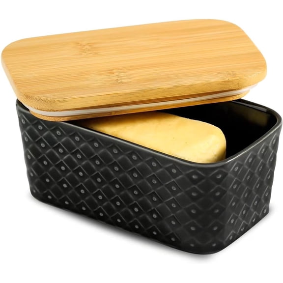 Tikooere Ceramic Butter Dish with Lid,Large Butter Container with Airtight Cover for Countertop or refrigerator,Farmhouse Butter Holder for Kitchen Gifts,Dishwasher Safe,Black Embossed Pattern