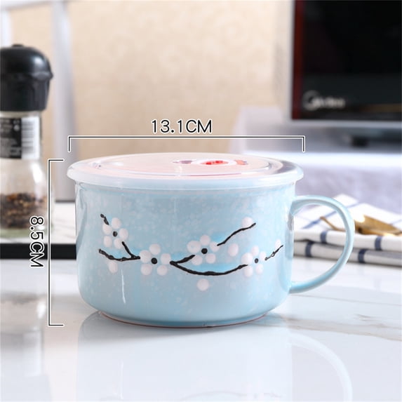 Ceramic Ramen Noodle Bowl,Ramen Bowl with Lid & Handles, Large Soup Mugs/Cups, Japanese Hand-Painted Ceramic Tableware, Durable Floral Soup Bowl for Noodles, Porridge, Rice, Dishwasher Safe