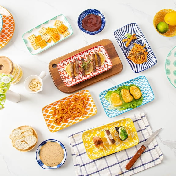 Ceramic Rectangle Salad Plates Set - 8.1" x 4.5" Rectangular Serving Platter - Serving Trays for Sushi Dinner Dessert Pasta Appetizer - Microwave Dishwasher Safe - Set of 6 - Assorted Colors