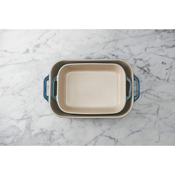Ceramic Rectangular Baking Dish Set, 2-Piece Casserole Bakeware with Handles, Rustic Turquoise Oven Dish for Lasagna, Casserole, Roasting & Baking, Microwave and Dishwasher Safe