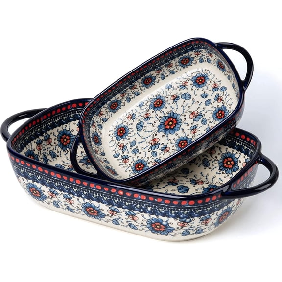 Ceramic Rectangular Baking Dish Set 2-Piece, Single-Serving Lasagna Pans, Oven-Safe, Blue Plasma Grass
