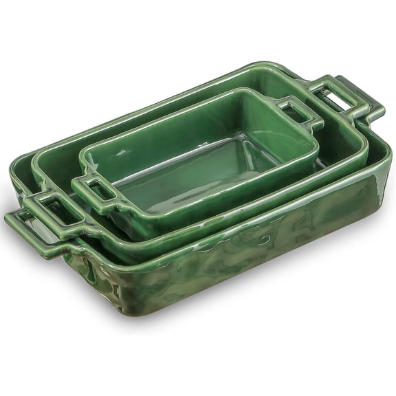 Ceramic Rectangular Baking Dish Set, Porcelain Casserole Pans for Lasagna and Baking, 3-Piece Green Set, Oven and Dishwasher Safe
