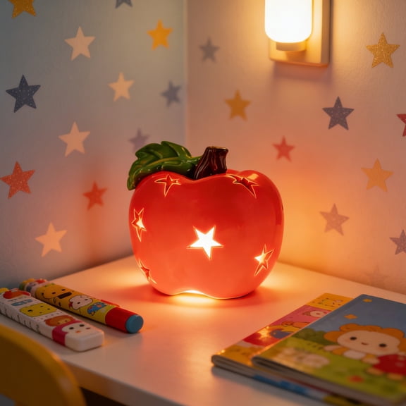 Ceramic Red Apple Night Light with Button Battery, 5.35-Inch Glazed Fruit Ornament for Home Office Decor