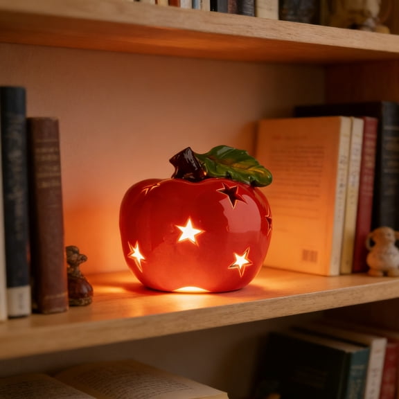 Ceramic Red Apple Star Cutout Night Light, Decorative Table Lamp for Bedroom, Living Room & Holiday Decor (Battery Operated)
