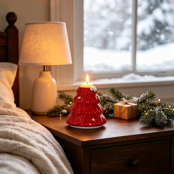 Ceramic Red Christmas Tree Candle Holder Decor Green Christmas Tree Tabletop Decoration Vintage Decorative Porcelain Taper Candlestick for Winter Holiday Farmhouse Fireplace Centerpiece Decor