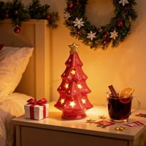 Ceramic Red Christmas Trees with Lights, Light Up Tabletop Porcelain Christmas Tree, Glossy Hollow-Carved Small Xmas Tree Figurines for Modern Home Decoration