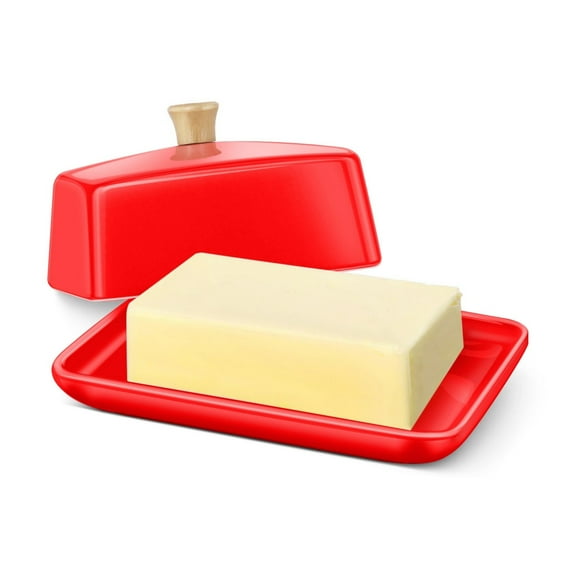 Ceramic Red European Butter Dish with Lid for Countertop (8 Inch) - Wide 2 Stick Double Butter Holder for Counter, Cream Cheese Container Storage Keeper