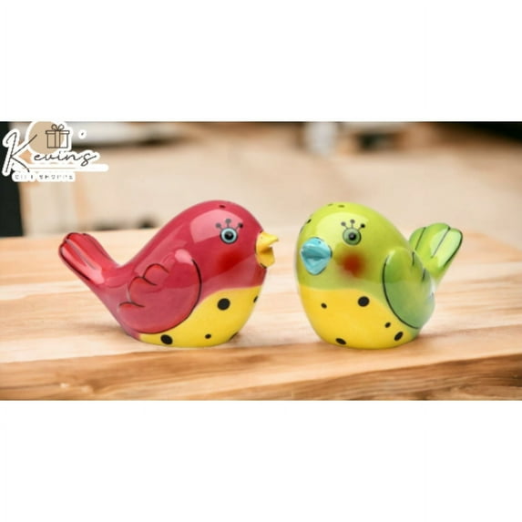 Ceramic Red Green Dotted Love Birds Salt Pepper Shakers 3 inches