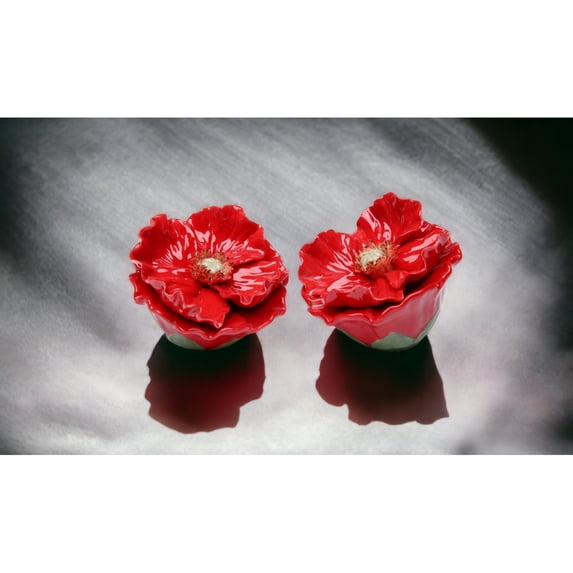 Ceramic Red Poppy Flower Salt and Pepper Shakers 2.5in