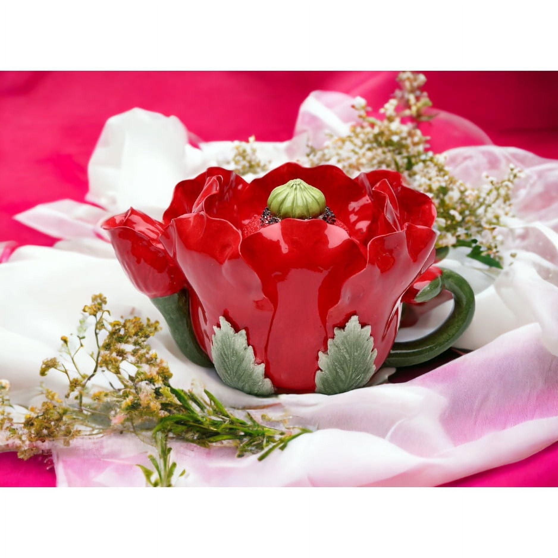 Ceramic Red Poppy Flower Teapot 6 oz Handcrafted Tea Party Gift