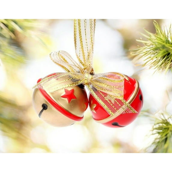 Ceramic Red and Gold Christmas Tree Ornament Bells with Gold Ribbon, Christmas Decor