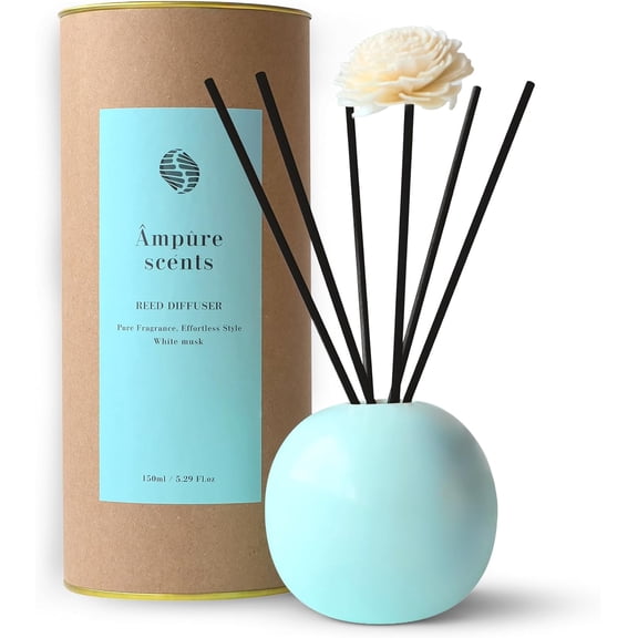 Ceramic Reed Diffuser for Home, Ampure White Musk Fragrance (2X Stronger, 4 to 6 Months of Usage) in a Scent Bowl - 5 Natural Fiber Reed Sticks & Decorative Flower Set, Office Decor, Eco-Friendly
