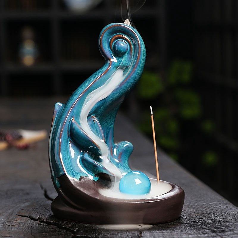Ceramic Reflux Incense Burner Tower Home Decoration Holder Waterfall Incense Burner with 60 Backflow Incense Cones Lotus Backflow Incense Holder Ceramic Censer