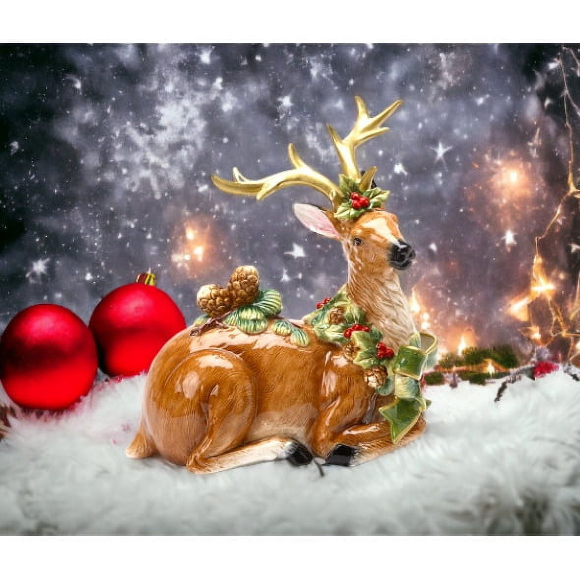 Ceramic Reindeer Figurine with Golden Antlers and Pine Cones