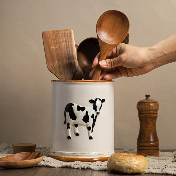 Ceramic Retro Cow Embossed Kitchen Utensil Holder for Countertop Large Cooking Spatula Crock