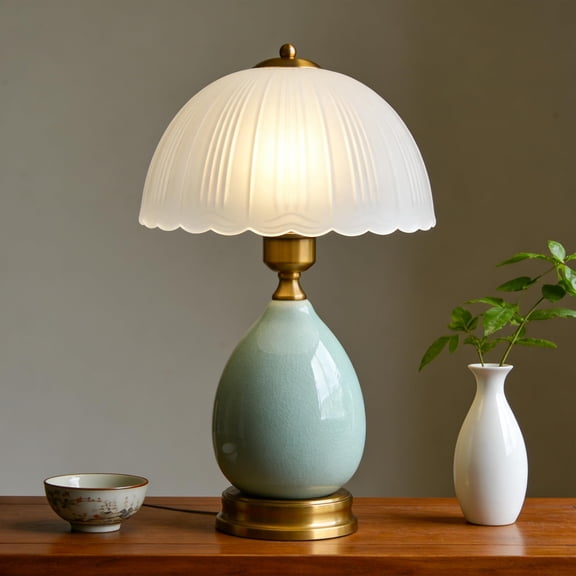 Ceramic Retro Table Lamp, 16.73" Classic Chinoiserie Green Glass Lamp with 3-Level Brightness