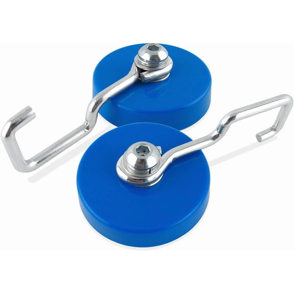 Ceramic Reversible Magnetic Hooks - Strong Magnets for Hanging Lights, Garage Tools, Signs, and More - 25 lb Pull Each - 2.25" D - 1" H - Blue and Silver - 2-Pack