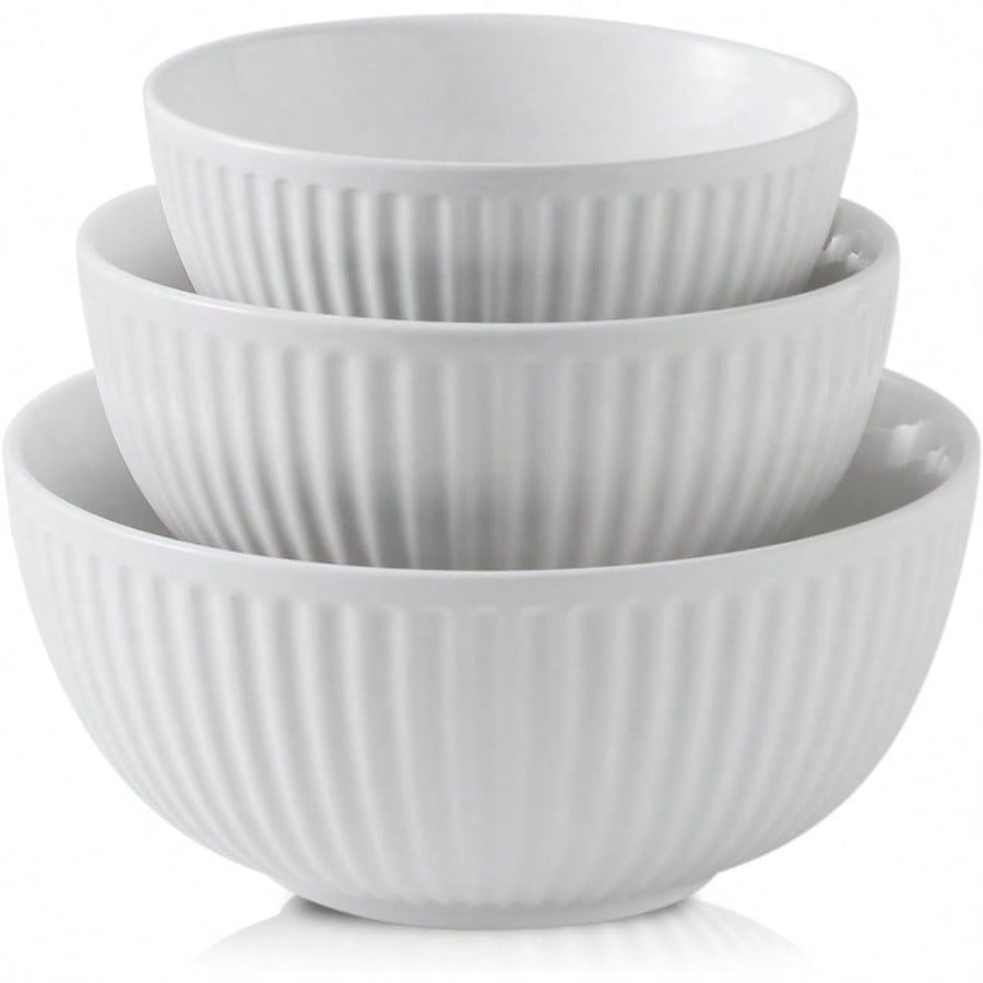 Ceramic Ribbed Nesting White Bowls 1.5/1/0.5 Qt For Kitchen Cooking Baking and Serving Salad Bowls for Pasta Small Mixing Bowls of 3 Modern Space Saving Dishes for Kitchen