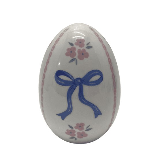 Ceramic Ribbon Bow Easter Egg Decoration, 4" Blue & White Hand-Painted Egg Figurine, Reusable Spring Tabletop Decor for Easter Brunch, Home Mantel & Holiday Display