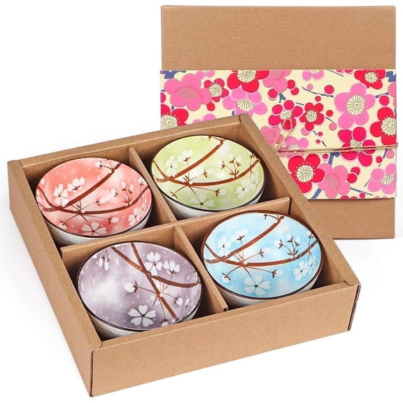 Ceramic Rice Bowls 10 Oz, Sakura Bowl Gift Set, Assorted Color Dinnerware Servin