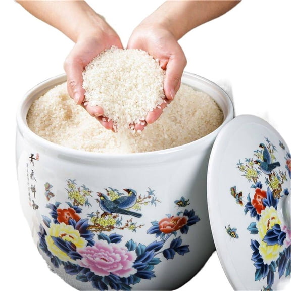 Ceramic Rice Storage Container, Airtight Food Storage Jar with Lid, Chinese Style Sealed Ceramic Canister, Grain and Rice Moisture-Proof Storage Pot for Kitchen