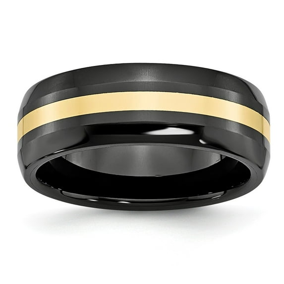 Ceramic Ring Band Wedding Yellow 14K Gold Black with Inlay 8mm Polished