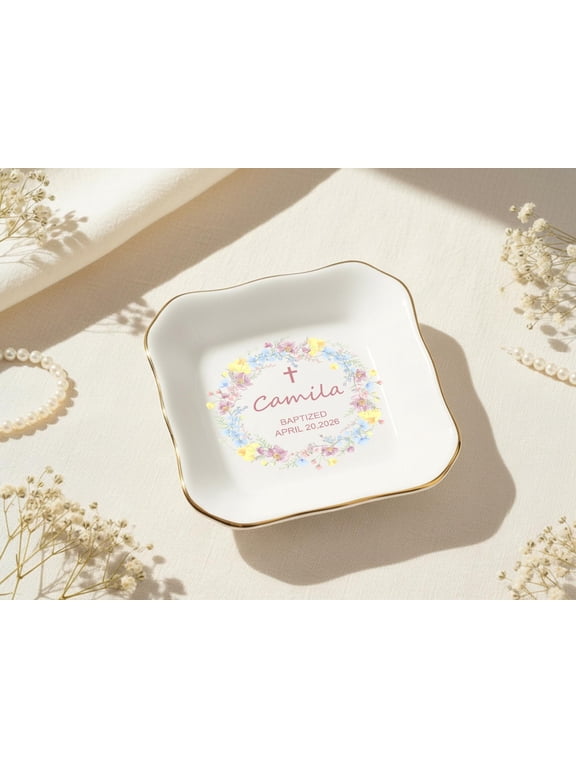 Ceramic Ring Dish, Personalized Baptism Gift for Girl, Custom Floral Jewelry Tray with Name and Date
