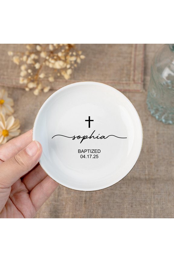 Ceramic Ring Dish, Personalized Baptism Gift for Girl, Custom Jewelry Tray for First Communion, Confirmation