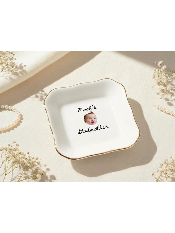 Ceramic Ring Dish, Personalized Godmother Photo Gift, Custom Jewelry Tray for Baptism, Baby Shower