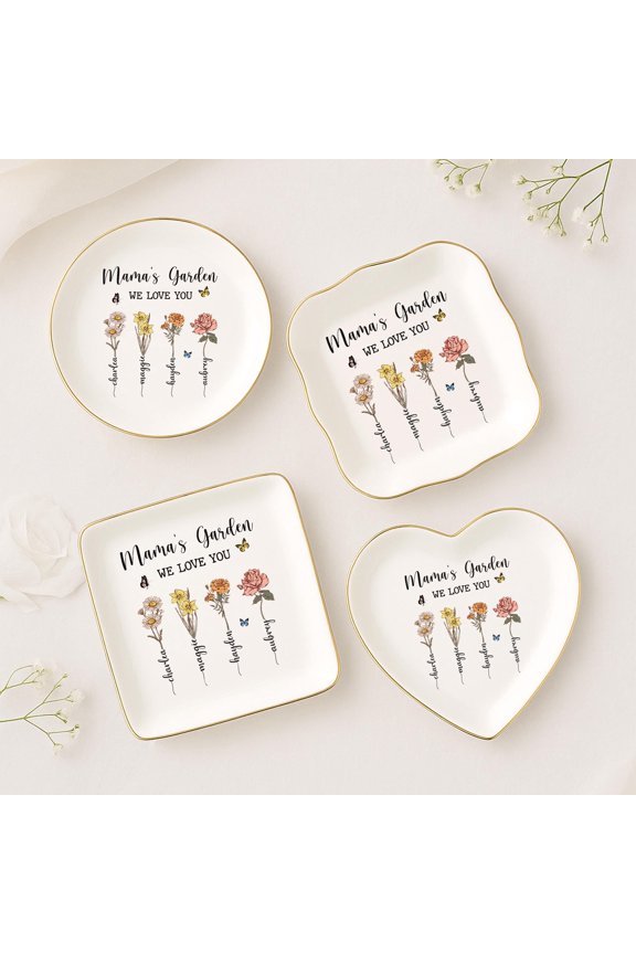Ceramic Ring Dish, Personalized Mom Gift, Custom Birth Flower Jewelry Tray with Kids Names for Mother’s Day