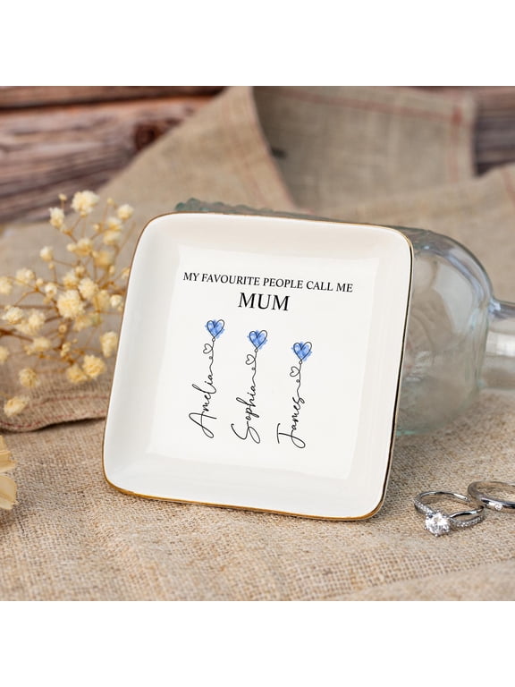 Ceramic Ring Dish, Personalized Mom Gift, Custom Kids Name Jewelry Tray for Birthday, Mother’s Day