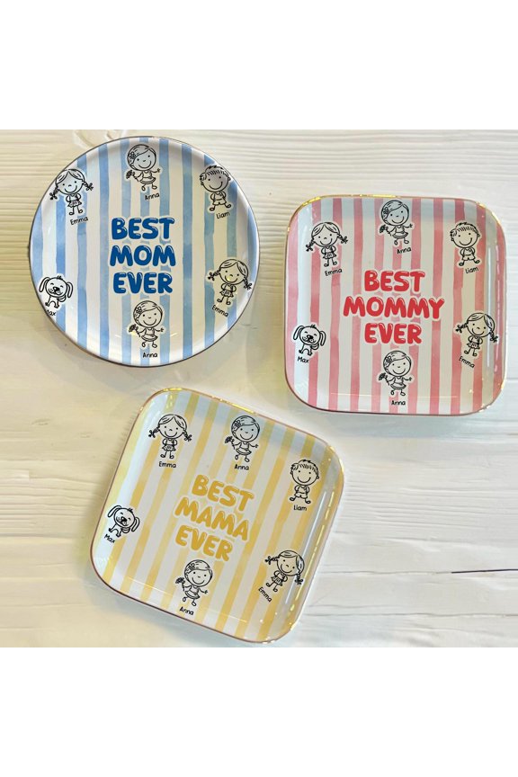 Ceramic Ring Dish, Wavy Square Jewelry Tray, Personalized Best Mom Ever Gift, Custom Kids Names Keepsake for Mother’s Day, Birthday