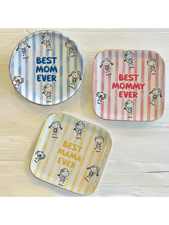 Ceramic Ring Dish, Wavy Square Jewelry Tray, Personalized Best Mom Ever Gift, Custom Kids Names Keepsake for Mother’s Day, Birthday