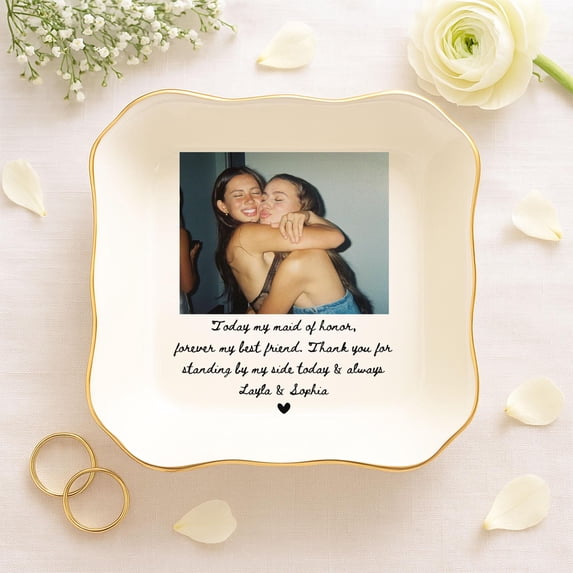 Ceramic Ring Dish, Wavy Square Jewelry Tray, Personalized Bridesmaid Photo Gift, Custom Maid of Honor Keepsake for Sister