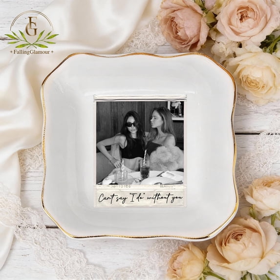 Ceramic Ring Dish, Wavy Square Jewelry Tray, Personalized Bridesmaid Photo Gift, Custom Proposal Keepsake for Maid of Honor
