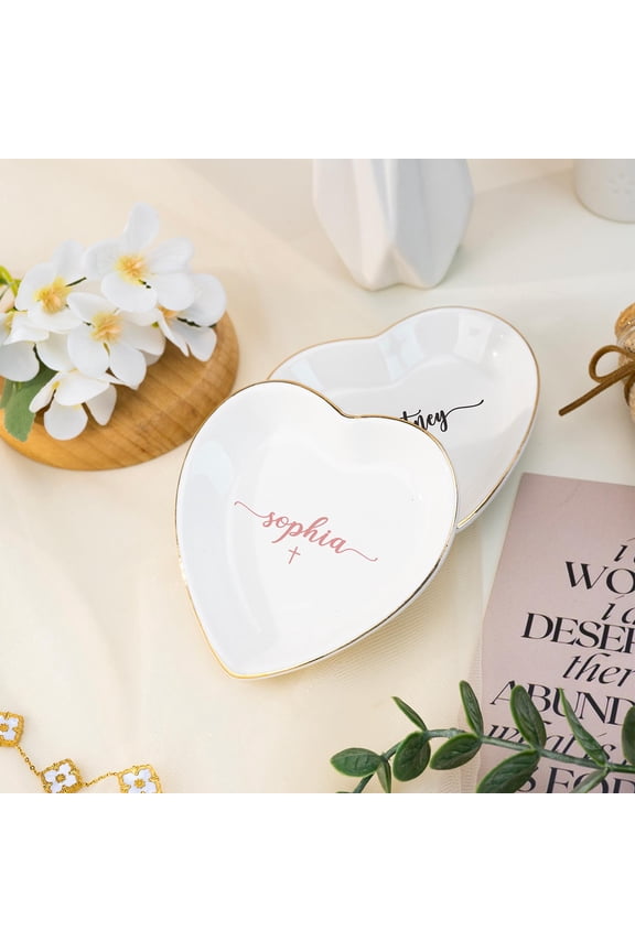 Ceramic Ring Dish, Wavy Square Jewelry Tray, Personalized Confirmation Gift for Girl, Custom Cross Keepsake for Baptism