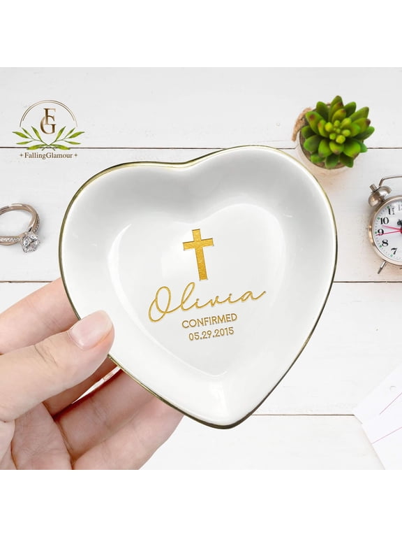 Ceramic Ring Dish, Wavy Square Jewelry Tray, Personalized Confirmation Gift for Girl, Custom Keepsake for Baptism, Christening