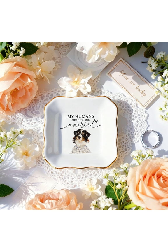 Ceramic Ring Dish, Wavy Square Jewelry Tray, Personalized Pet Wedding Gift, Custom Dog Portrait Keepsake for Engagement