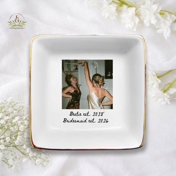 Ceramic Ring Dish, Wavy Square Jewelry Tray, Personalized Photo Bridesmaid Gift, Custom Maid of Honor Keepsake for Sister