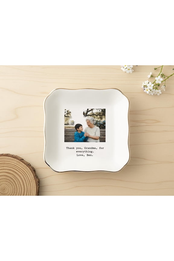 Ceramic Ring Dish, Wavy Square Jewelry Tray, Personalized Photo Gift for Grandma, Custom Picture Keepsake for Mother’s Day, Birthday from Kids