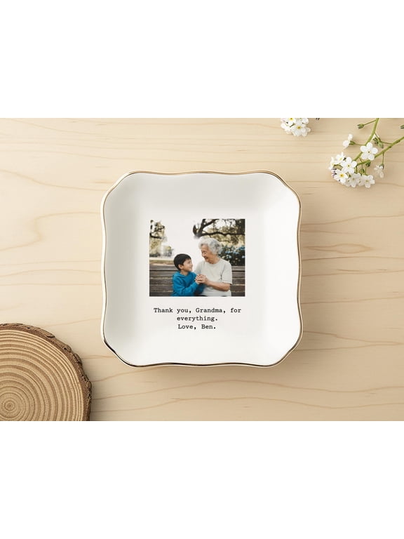 Ceramic Ring Dish, Wavy Square Jewelry Tray, Personalized Photo Gift for Grandma, Custom Picture Keepsake for Mother’s Day, Birthday from Kids