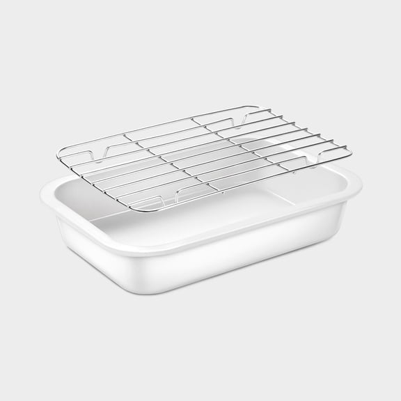 Ceramic Roasting Pan, Baking Dish with Stainless Steel Rack, Non Stick Chicken Roaster Pan, Microwave or Conventional Oven Cooking, Prep Tools, White Color (1.27 Quarts)