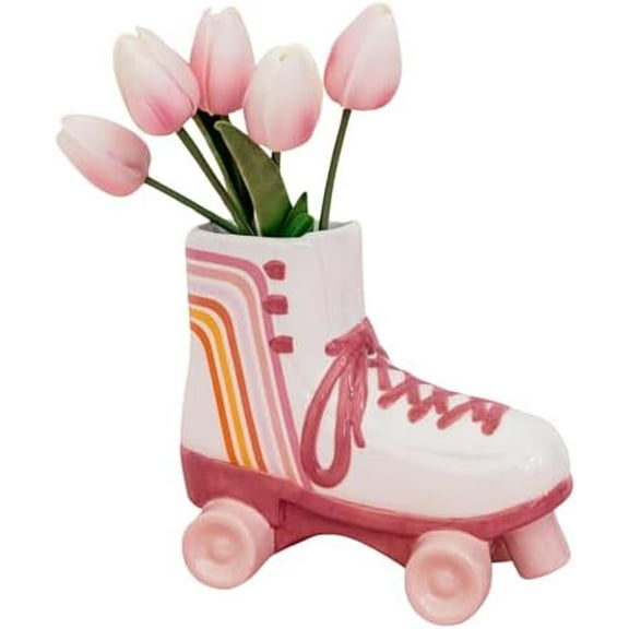 Steel Mill & Co Ceramic Roller Skate Vase, Cute Retro Flower Vase and Office Supplies, Pen and Pencil Holder, Vintage Decor for Home or Office, Small Round Container and Desk Organizer