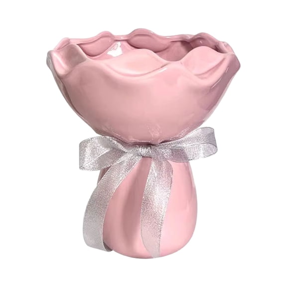 Ceramic Rose Flower Vase Ornament,Handheld Bouquet Style Wedding Gift,Living Room and Dining Table Decoration Pink