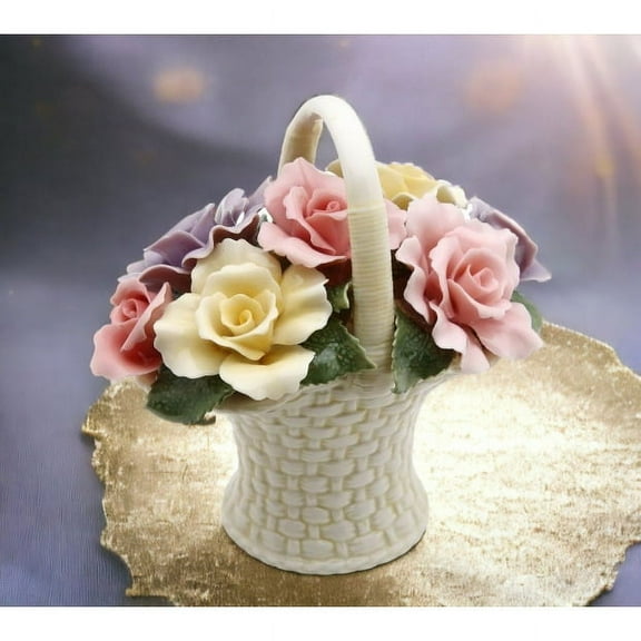 Ceramic Rose Flowers Basket Figurine 4.25in Wedding Anniversary Gift