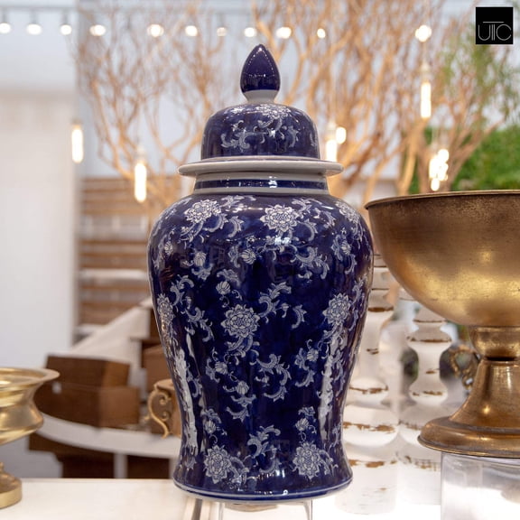 Ceramic Round Bellied Chinoiserie Ginger/Temple Jar Gloss Finish BlueWhite-24.50"H -100