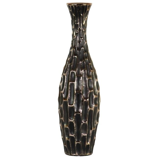 Large Black Distressed Ceramic Embossed Vase with Long Neck