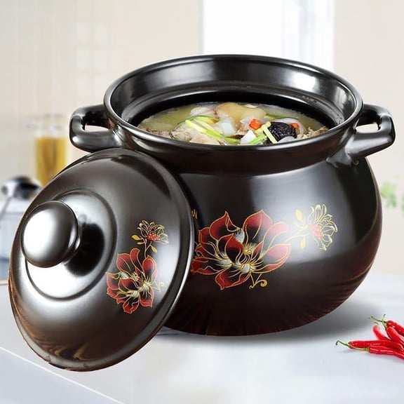 Ceramic Round Black Casserole Dish with Lid, Natural Terracotta Pan Ceramic Casserole Dish, Clay Pot with Lid for Cooking Rice, Hot Pot, Dolsot Bibimbap and Soup, 2.8l