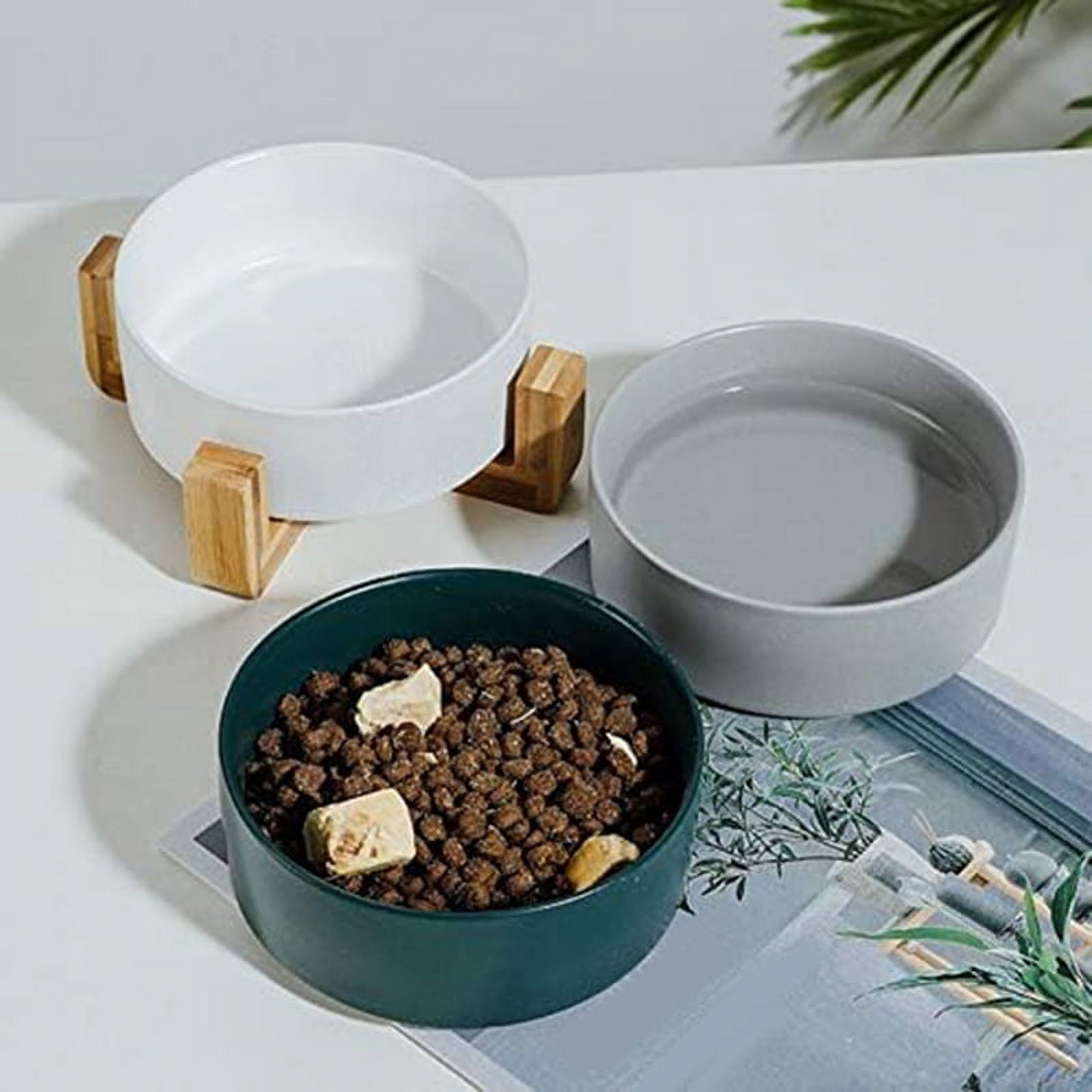 Ceramic Round Dog Bowl with Wood Stand Food Water Elevated Dish for Pet Bowl with Stand Food Water Bowl SetB