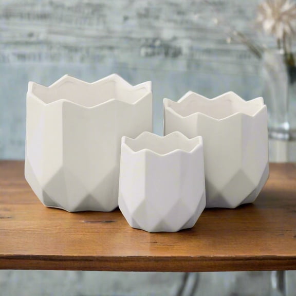 Gryphon Ceramic Geometric Planter Pot Set of 3 Modern Indoor Outdoor Planters, White
